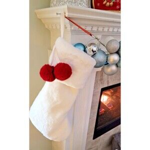 Martha Stewart White Faux Fur Lined Christmas Stocking W/Two Red Pom Poms 22"